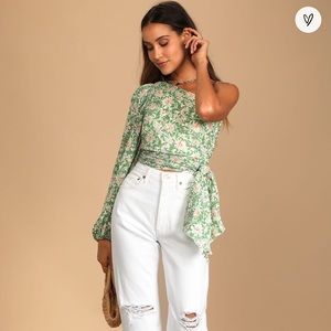 Lulus Grow Toward Love Green Floral Print Pleated One-Shoulder Top